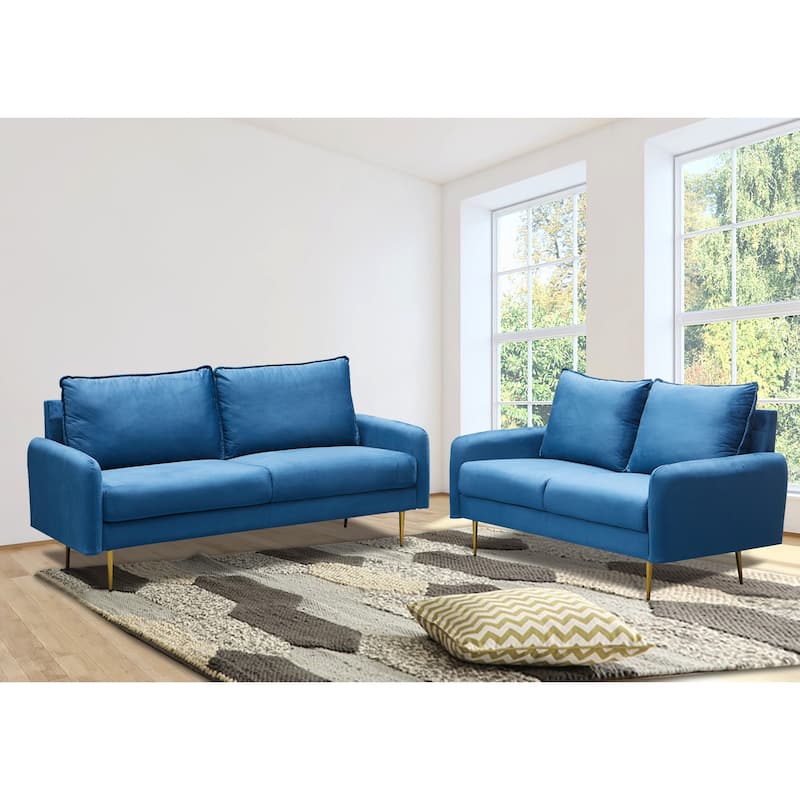 Velvet 2 Piece Loveseat and Sofa Living Room Set - Prussian Blue - 2 Piece
