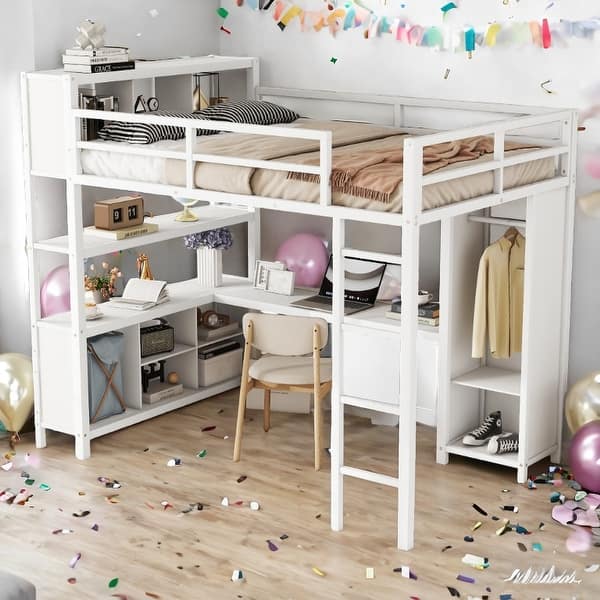 slide 2 of 32, Full Size Loft Bed with Storage Cubes and Shelves,Metal Loft Bed with Wardrobe And L-shaped Desk White