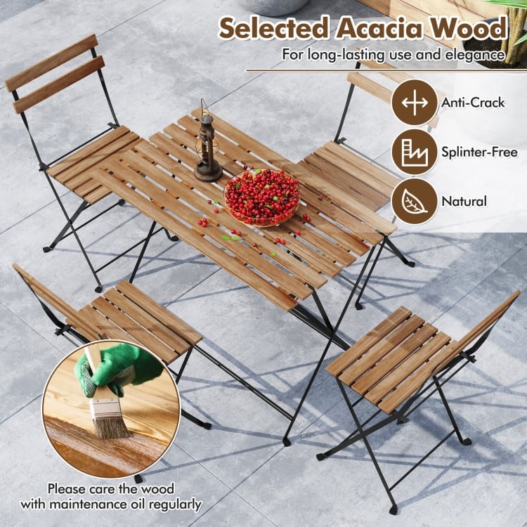 Black and Brown Acacia Wood Folding Patio Dining Set 5 Piece with Metal Frame - Chair: 18” x 15.5” x 31”