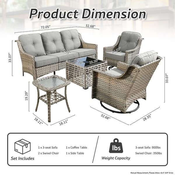 dimension image slide 6 of 8, OVIOS 5-Piece Outdoor Wicker Swivel Chair Set With Solar-Powered Table