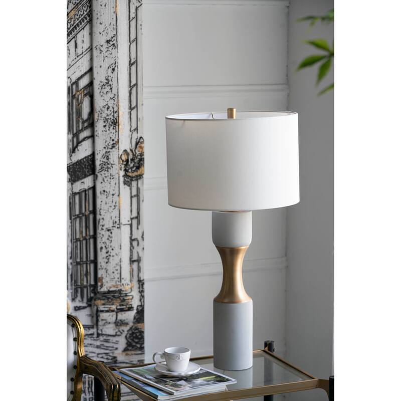 15x15x30 Inch White Cement Table Lamp with Gold Metal Band and Drum Shade Modern Home Decor