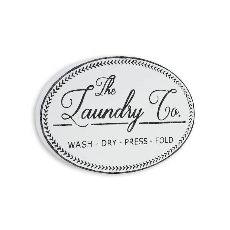 HomeRoots 14" X 22" White And Dark Gray The Laundry Co Metal Oval Wall Decor
