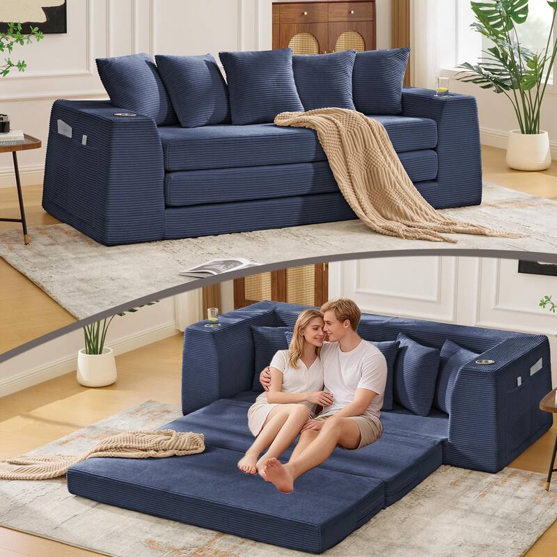 2 in 1 Convertible Sofa Bed, Sleeper Sofa with Storage Pockets, Pull Out Loveseat Couch with Two Cup Holders