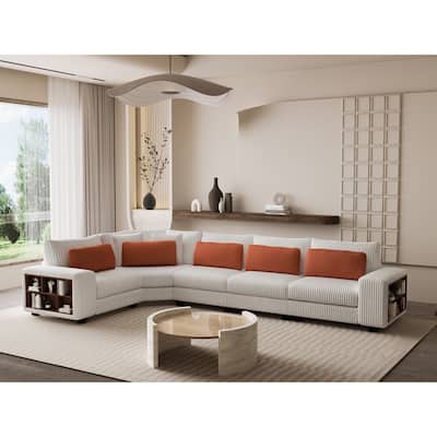 Cream Modular Sectional L-Shaped Sofa with Armrest Wooden Frame Locker