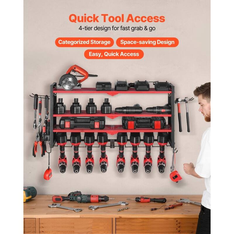 4-Tier Wall Mounted Tool Rack with 8 Drill Slots and Adjustable Shelf Pegboard Organizer - 32.87” x 8.66” x 16.54”