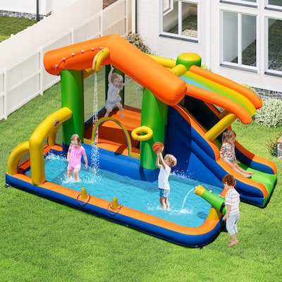 Kids 8-in-1 Inflatable Bouncer with Slide Splash Pool Basketball Hoop Football Goal and Ring Toss Games - 151" x 108" x 92"