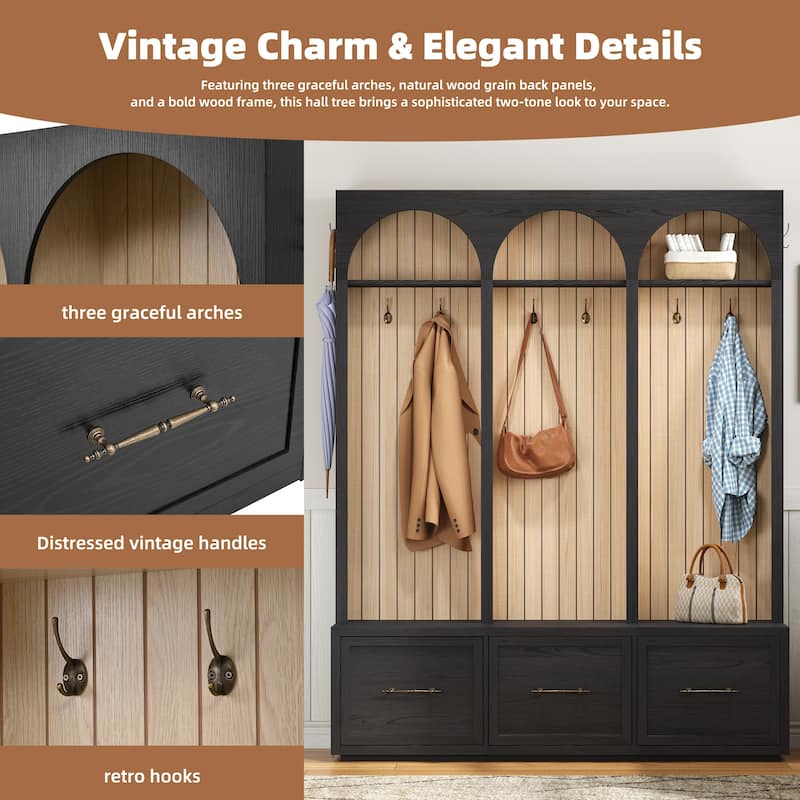 Hall Tree With Arched Design,Entryway Bench With 8 Retro Hooks,Rustic Coat Rack & Shoe Organizer With 3 Drawers