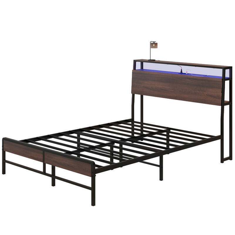 Full Size LED Bed Frame with Charging Station, Storage Shelf, and Noise-Free Steel Slats, Easy Assembly, No Box Spring Needed