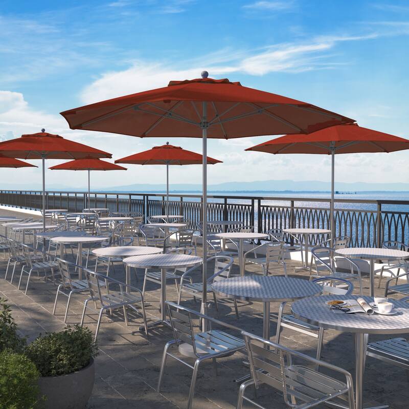California Umbrella 9' Rd. Aluminum Frame, Fiberglass Rib Patio Umbrella, Push Open,Anodized Silver Finish, Sunbrella Fabric