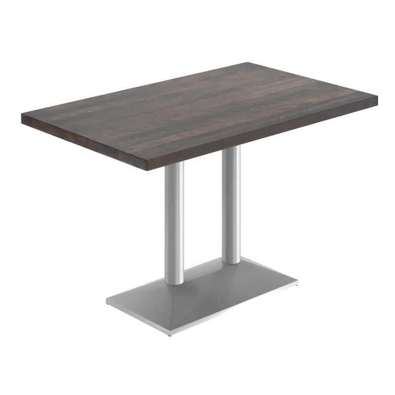 Rectangular Solid Wood Tabletop w/ 27" x 15" Two-Column Dining Height Table Base - 30"W x 48"D x 29.5"H - Dark Brown Top/Silver Base