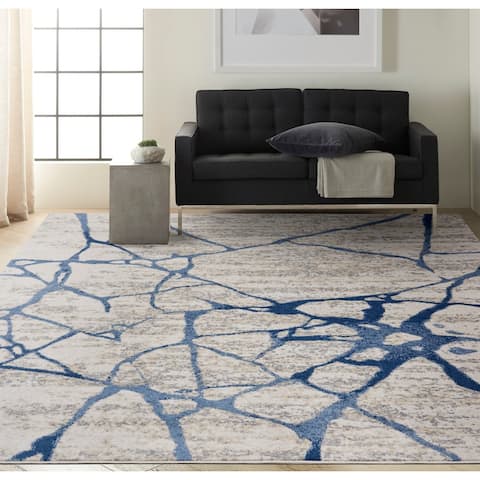 Calvin Klein River Flow Contemporary Abstract Ivory Blue Area Rug