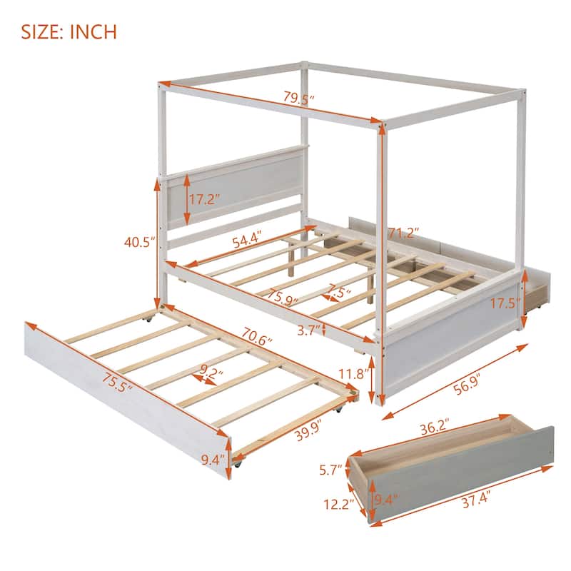 White Brushed Full Size Wood Canopy Platform Bed with Trundle and Two Drawers, MDF & Pinewood, Support Slats