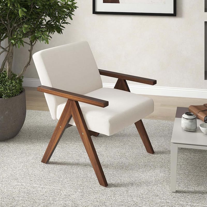 Modern Accent Chair Linen Fabric Armchair w/ Wood Frame Cushions