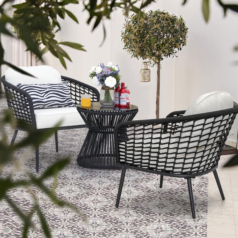 Outdoor 3-Piece Patio Bistro Set, 1 Coffee Table and 2 Chairs, Black