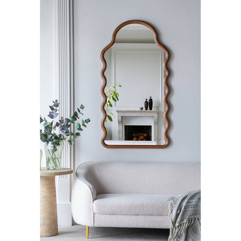 Arch Wall Mirror 55 Inches Height Solid Pine Wood Frame Unique Design - Brown