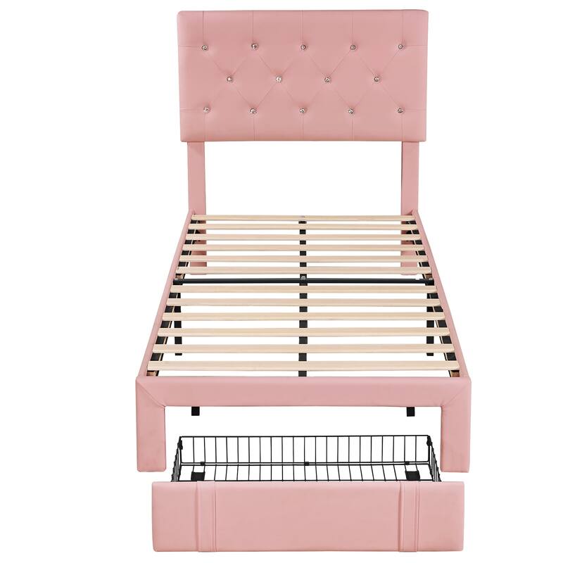 VECELO Bed Frame with Storage Drawers Leather Upholstered with Diamond Tufted Headboard Solid Wood Slat Support - Pink - Twin