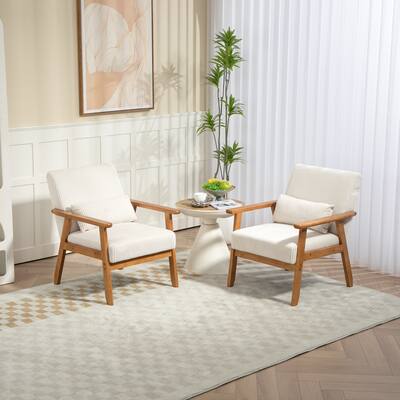Beige Upholstered Accent Chairs with Rubber Wood Legs (Set of 2)