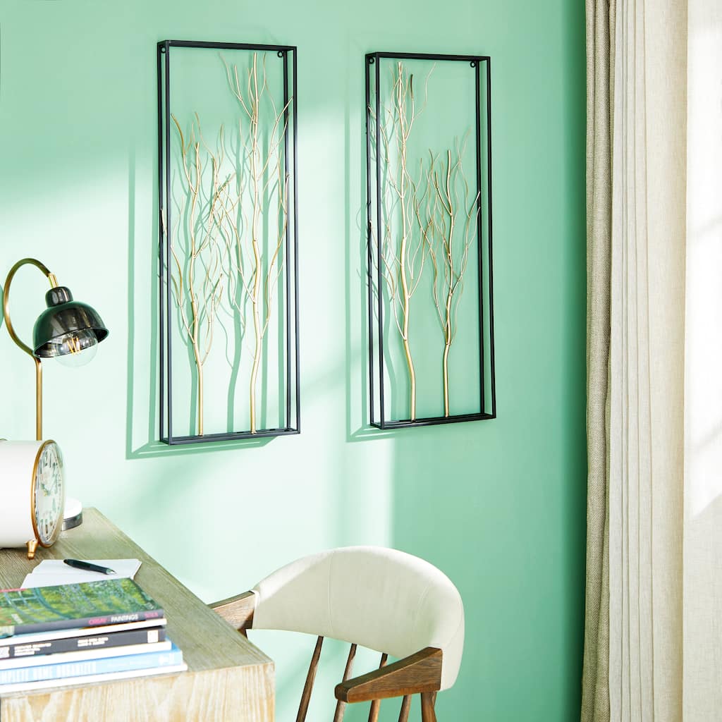 Gold Metal Branch Tree Home Wall Decor with Black Frame (Set of 2)