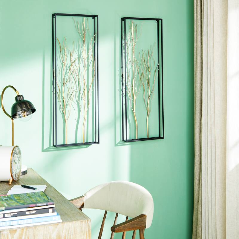 Gold Metal Branch Tree Home Wall Decor with Black Frame (Set of 2)