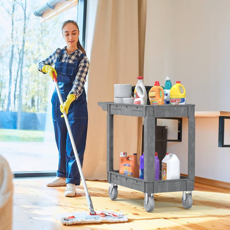 Heavy Duty Plastic Utility Cart 2 Tier Locking Rolling Cart