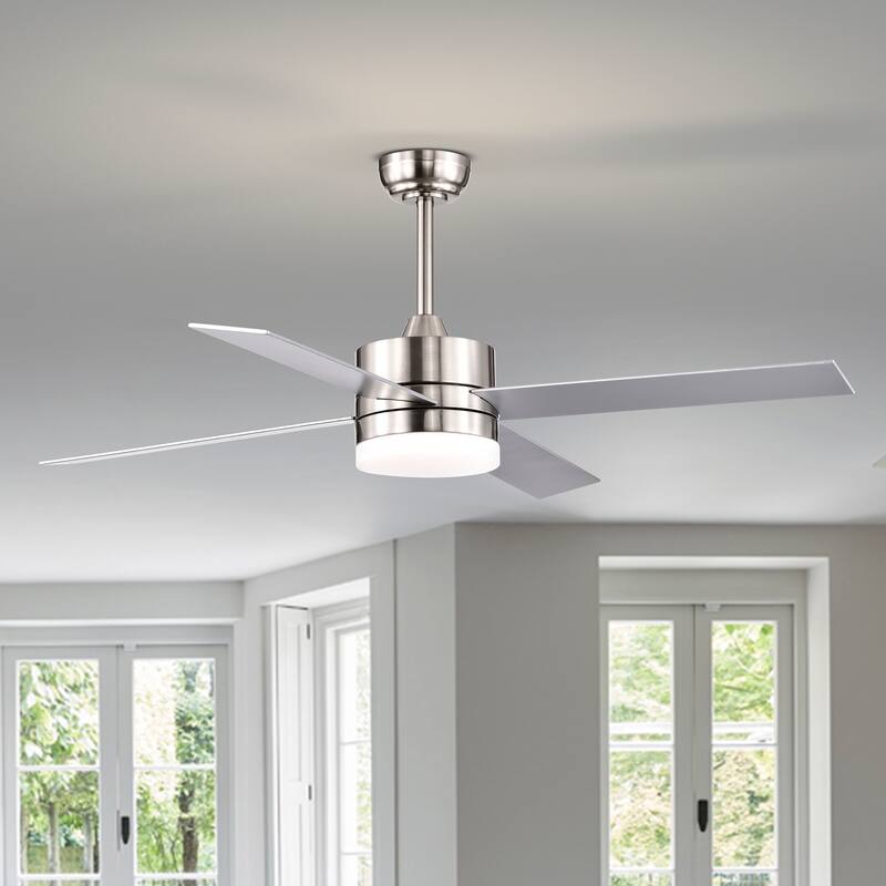 Brushed Nickel 52 in. 6-Speed Integrated LED Indoor 4-Blade Ceiling Fan with Light Kit and Remote Control