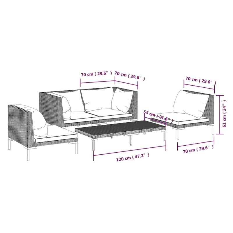 vidaXL Patio Lounge Set Outdoor Sectional Sofa Set Table Poly Rattan Dark Grey - 27.6" x 27.6" x 24"