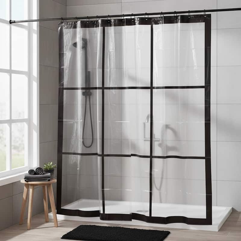 Transparent PEVA Shower Curtain - Black Window Design - 71x71 Inches