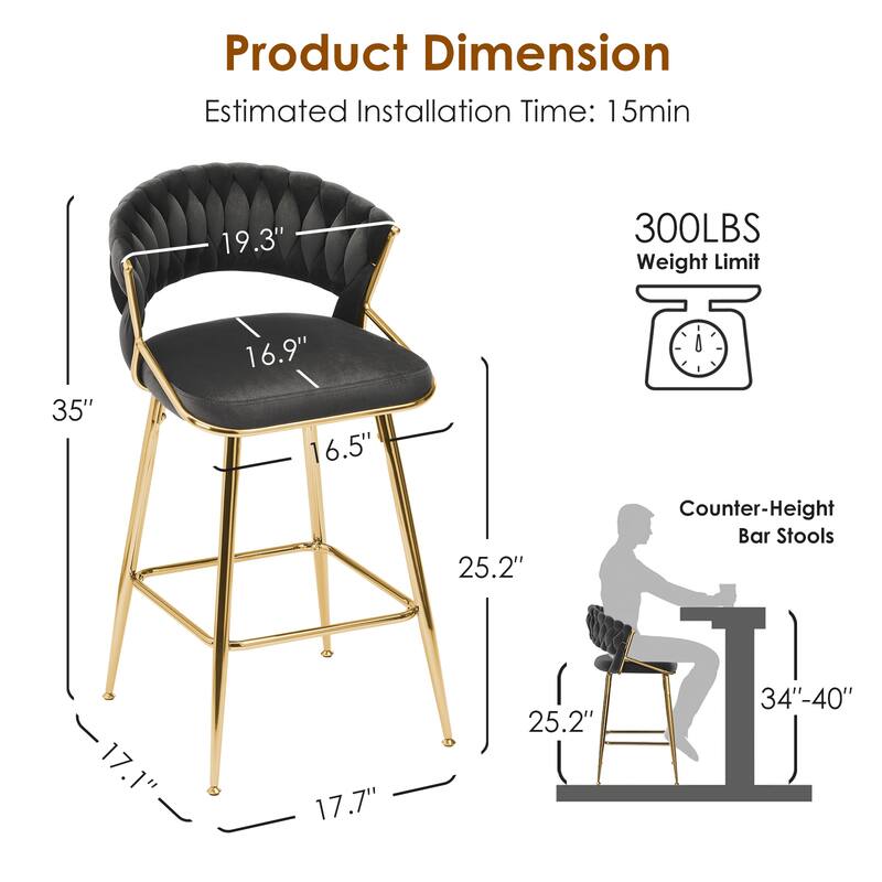 25.2" Modern Velvet Counter Stool with Gold Accents, Ergonomic Design & Plush Seat for Kitchen Island & Bar