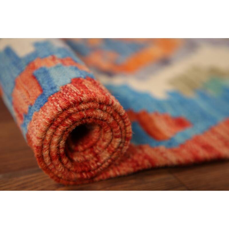 Geometric Kilim Area Rug Hand-woven Wool Carpet - 3'3" x 4'9"