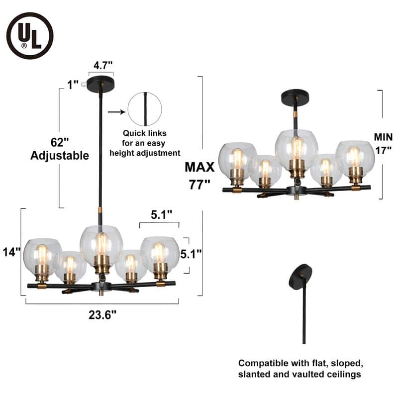 Mid-century Modern 5 Lights Chandeliers Marsie Orb Glass Upwards Ceiling Lights Wheel Black with Gold - D23.6" x H77"