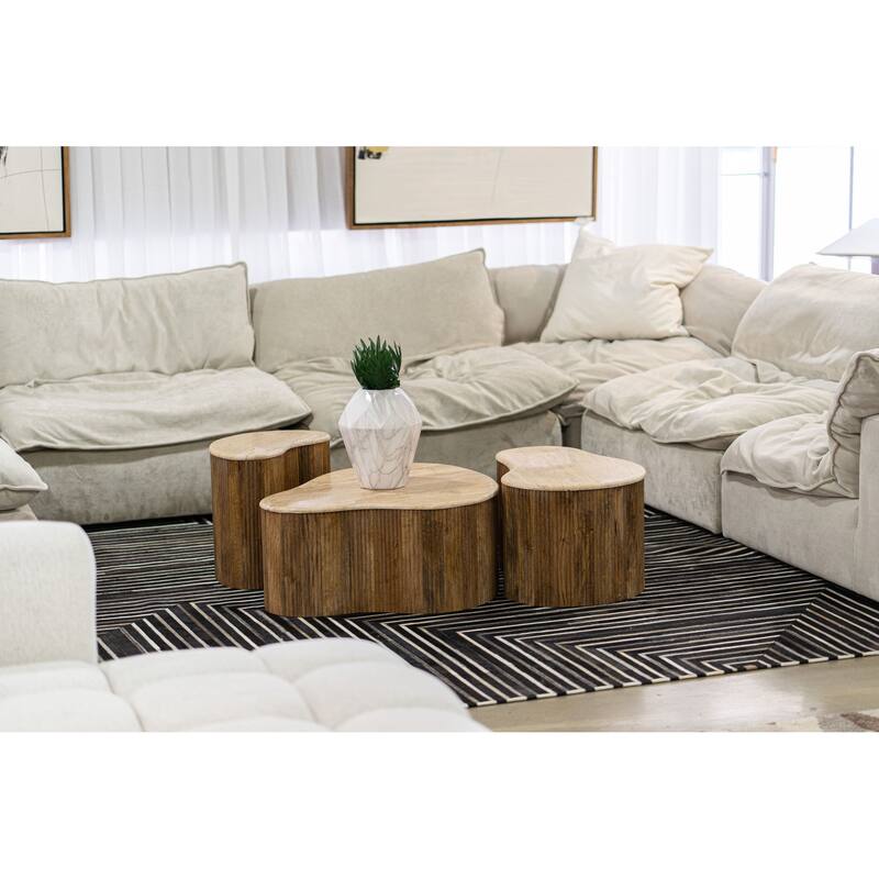 Modern Matador Modern Travertine Marble & Wood Freeform Coffee Table Set