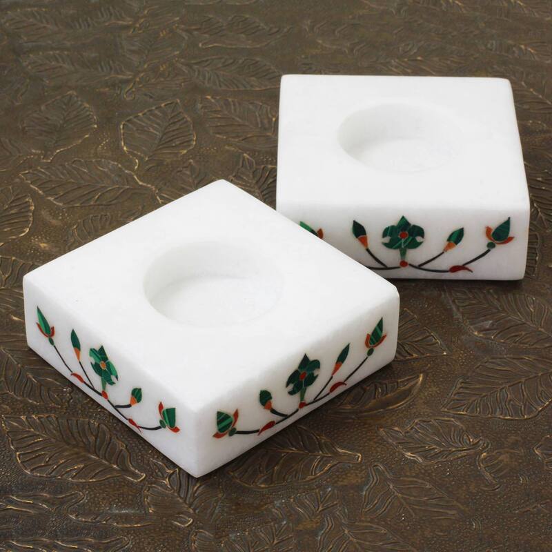 Handmade Blooming Buds in Green (Pair) Marble tealight holders (India) - 18 x 18 x 13