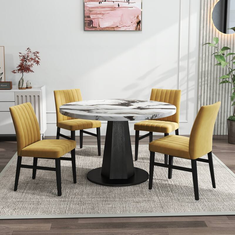 Roundhill Furniture Cavira 5-Piece Round Modern Dining Set - Off-White Table + 4 Yellow Chairs