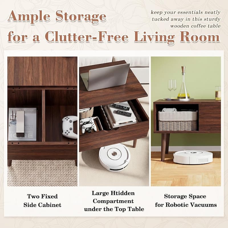 Coffee Table, Wood Lift Top Coffee Table with Storage Shelf, Lift Tabletop Dining Table for Home Living Room, Office