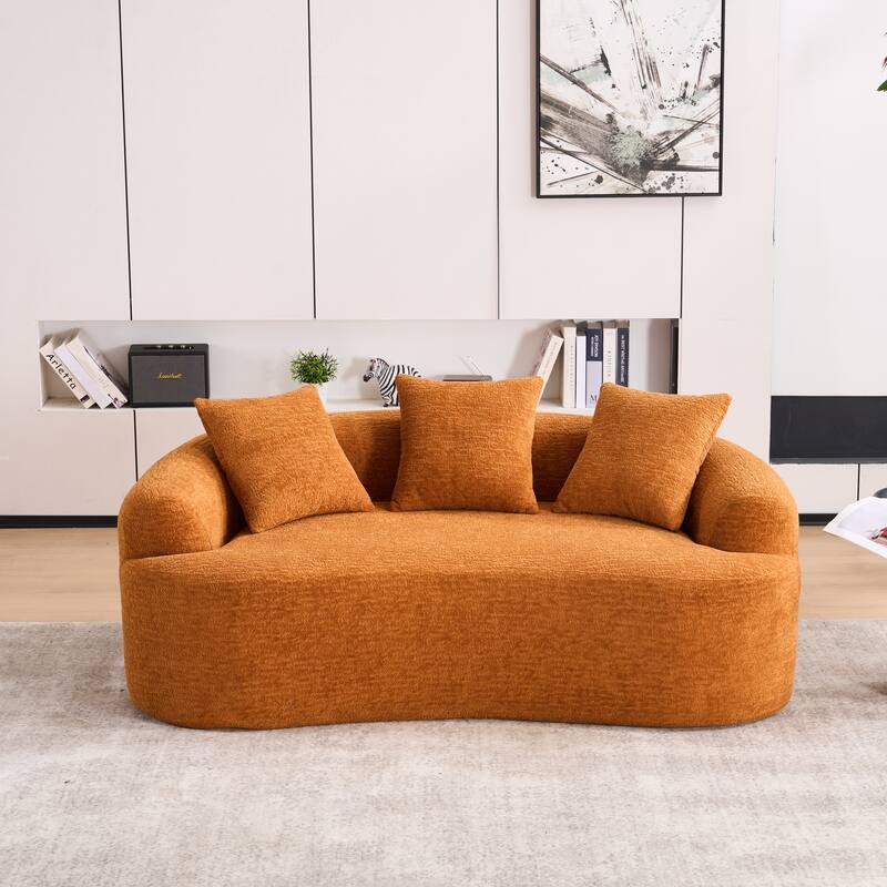 Chenille Curved Loveseat Sofa, Full Compression Sponge Sofa with 3 Pillow