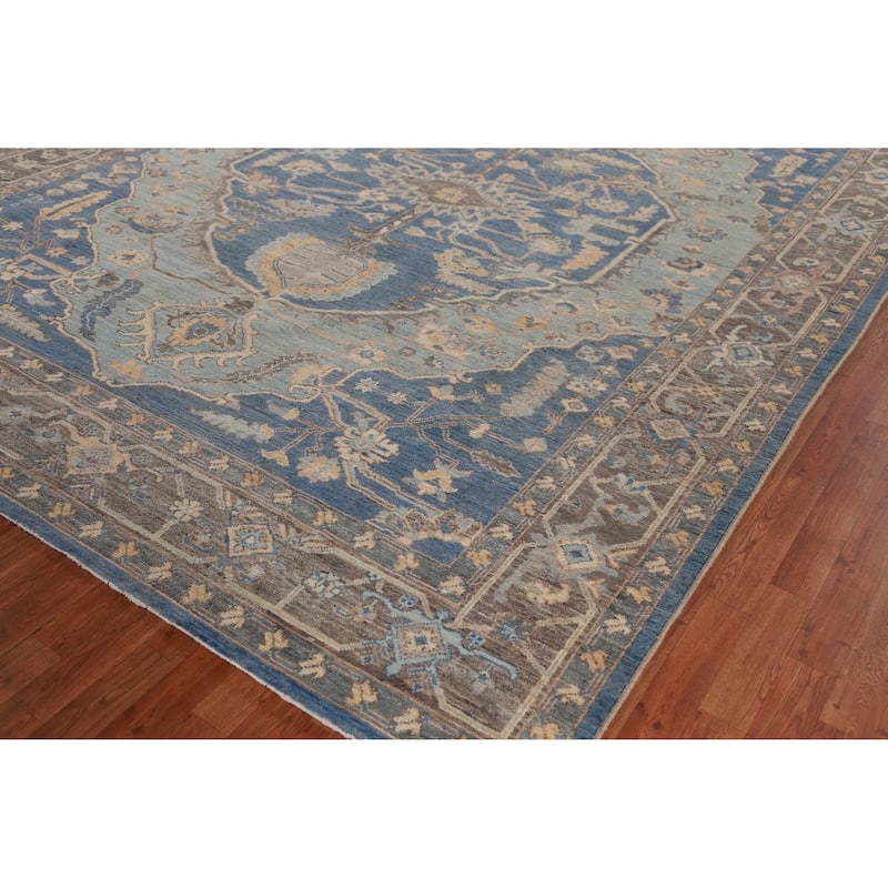 Hand Knotted Oriental 100% Wool Carpet Transitional Medallion Navy Blue & Blues Oushak Area Rug - 12' 1'' X 9' 1''