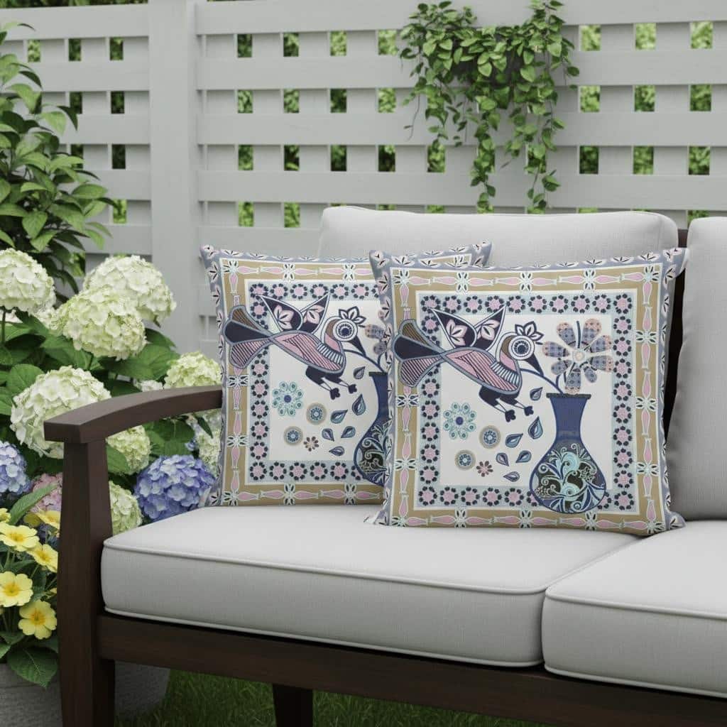 HomeRoots Set of Three 16" X 16" Beige and White Peacock Blown Seam Floral Indoor Outdoor Throw Pillow