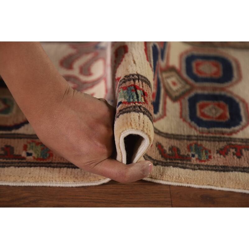 Hand Knotted Oriental 100% Wool Carpet Traditional Geometric Beige & Ivories Kazak Area Rug - 9' 7'' X 6' 7''