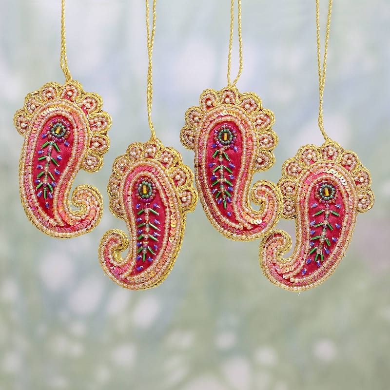 NOVICA Handmade Set of 4 Beaded Ornaments, Brilliant Paisleys (India)