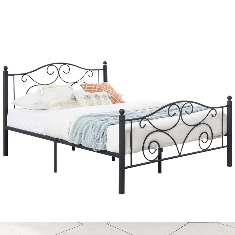 Javlergo Metal Bed Frame with Arched Roman Column Headboard and Footboard Heavy Duty Steel Slat Support No Box Spring Needed