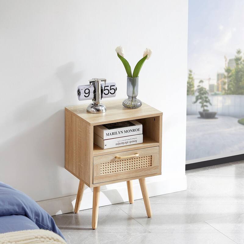 Rattan Nightstand with Drawer, Solid Wood Legs, 16"" Side Table - Natural