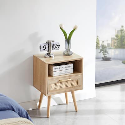 Rattan Nightstand with Drawer, Solid Wood Legs, 16"" Side Table