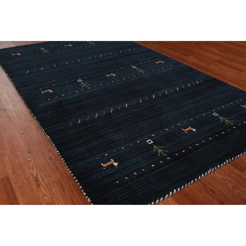 Dark Navy Blue Tribal Gabbeh Oriental Rug Hand-Knotted Wool Carpet - 3'0" x 5'0" - 3'0" x 5'0" - Blue