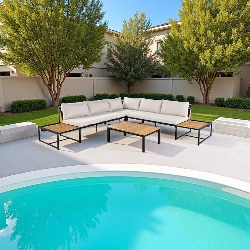 4-Piece Outdoor Sofa Set with Waterproof Cushions, Iron & Acacia Wood Frame, Coffee Table & Pillows Included - Beige