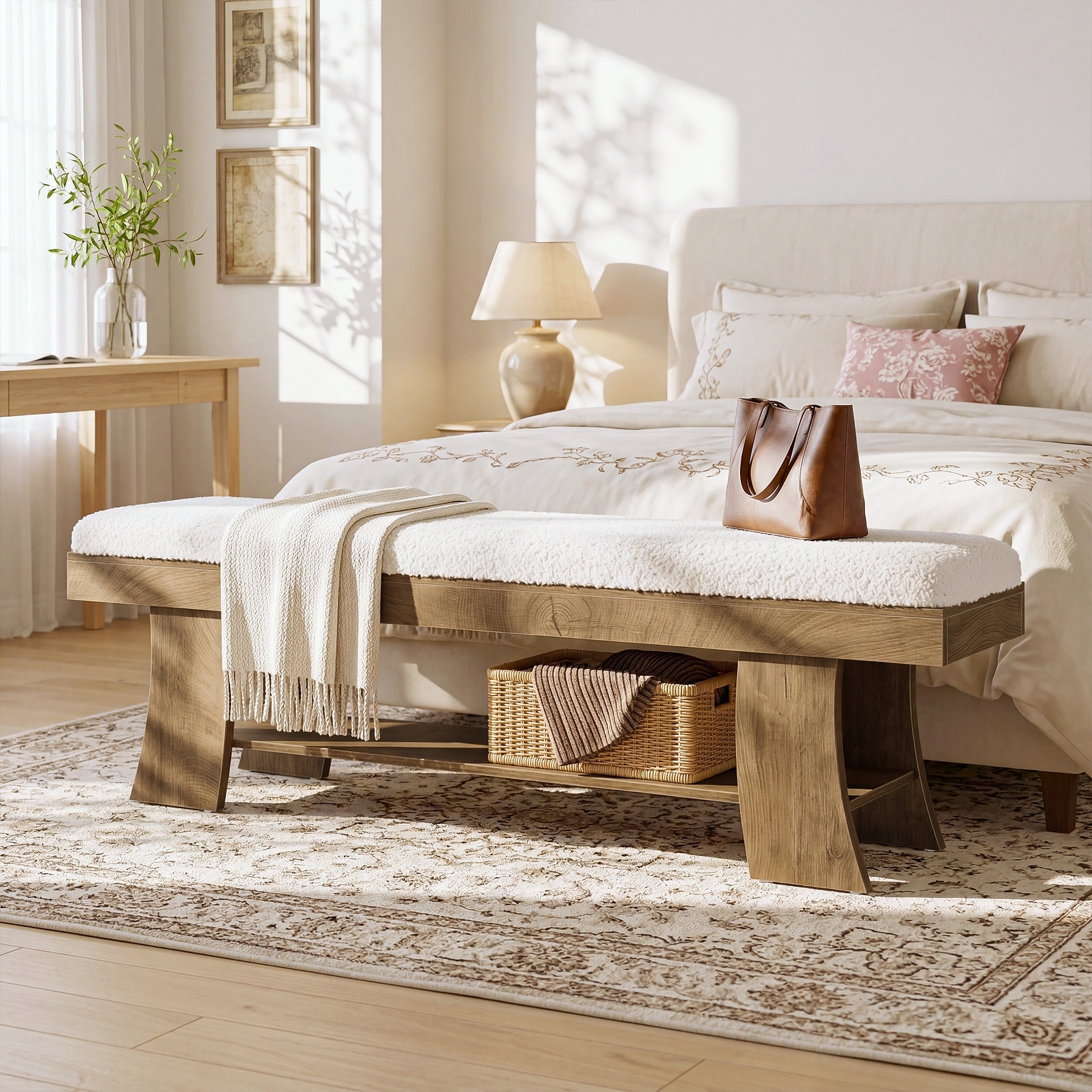 59" Upholstered Entryway Bench with Storage Shelf, Indoor Cushioned Shoe Bench - 13.7" D x 63" W x 17.7" H
