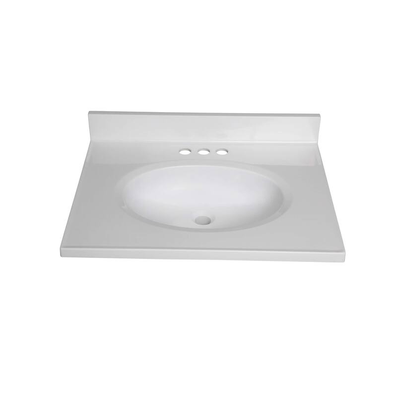 Fine Fixtures White Cultured Marble Top With Integrated Sink, 4" Backsplash and Overflow Included.