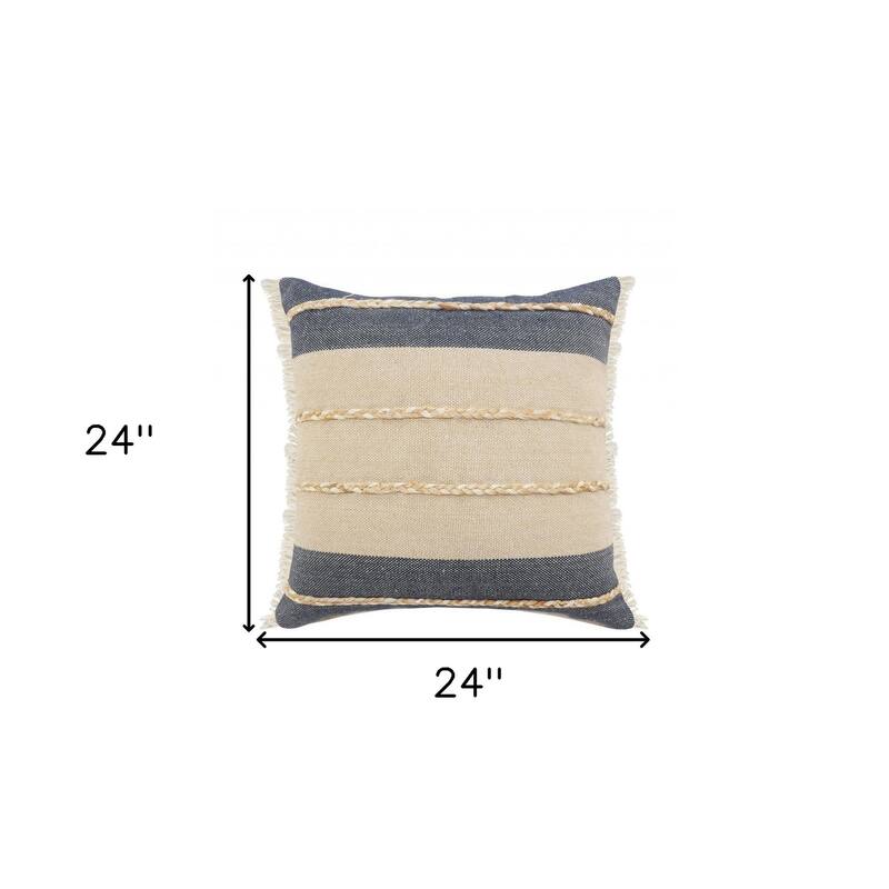 HomeRoots 24" X 24" Denim Blue Tan And Taupe Jute Coastal Zippered Pillow