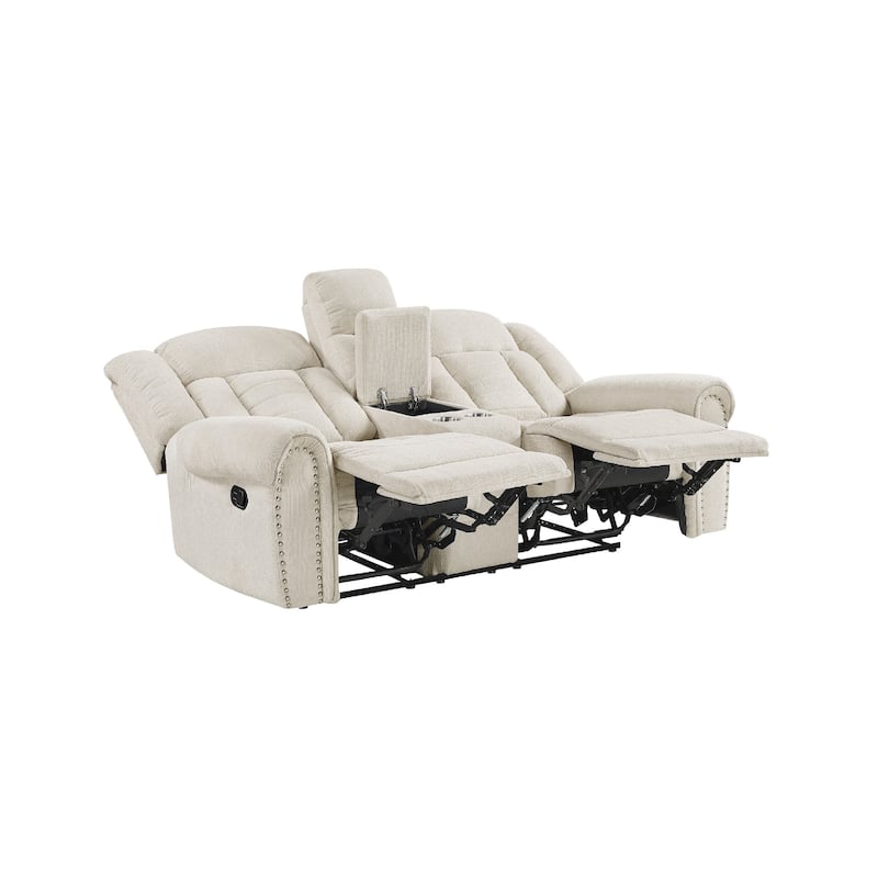 Reo Double Manual Reclining Loveseat with Console, Beige Chenille
