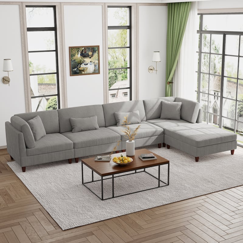 Modern Modular Corduroy Sectional Sofa with Ottoman - Light Grey 5 Piece