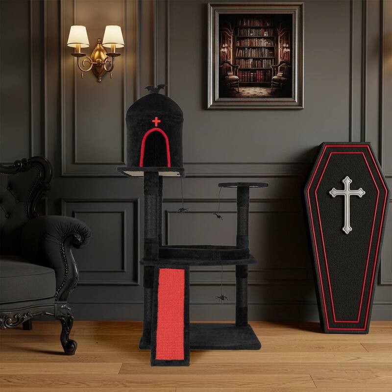 53" Gothic Cat Tree with Coffin Bed, Condo, Scratching Posts & Toys - 31.5 x 32.3 x 53.5 In